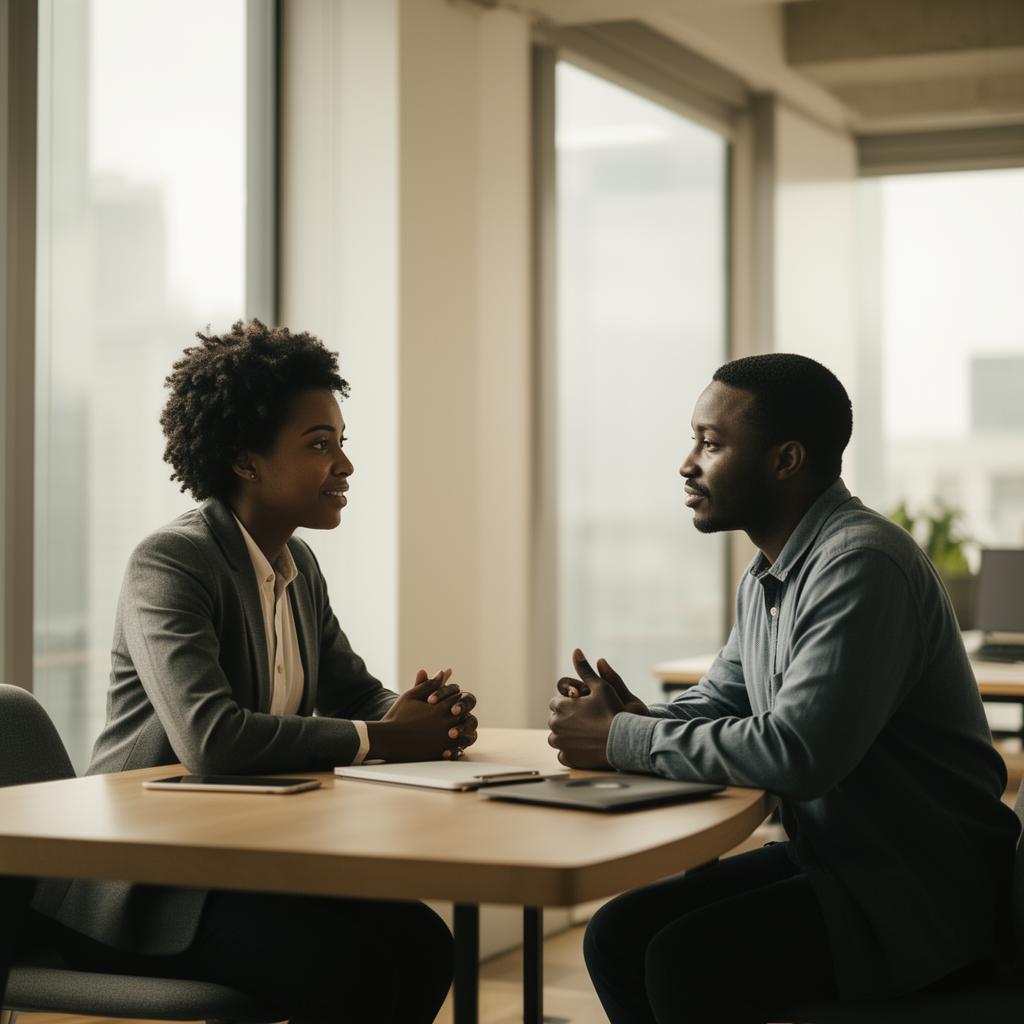 Two Black professionals in mentorship conversation